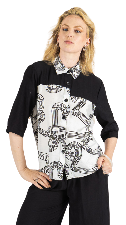 Asymmetrical Colour Block Paneling & Swirl Print Button Front Blouse. Style FS261632