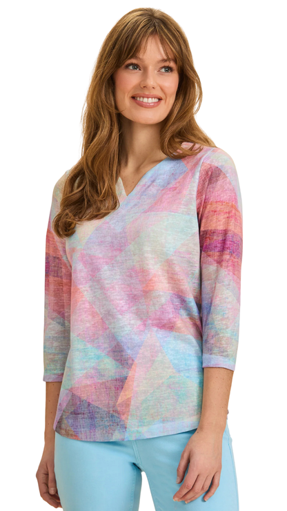 Notch Neck Geometric Print 3/4 Sleeve Top. Style FD3738451