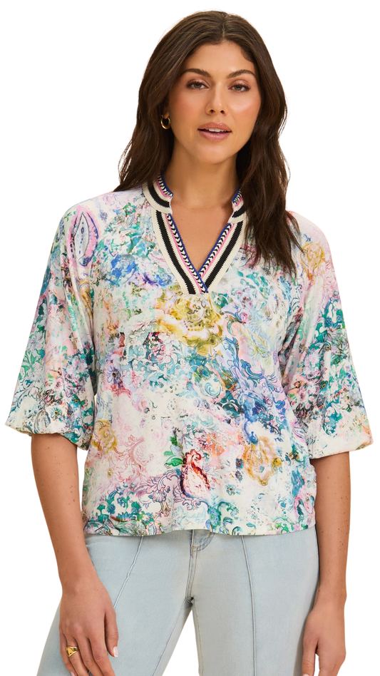 Embroidered Neck Detail 1/2 Elasticated Cuffs Top. Style FD3544153