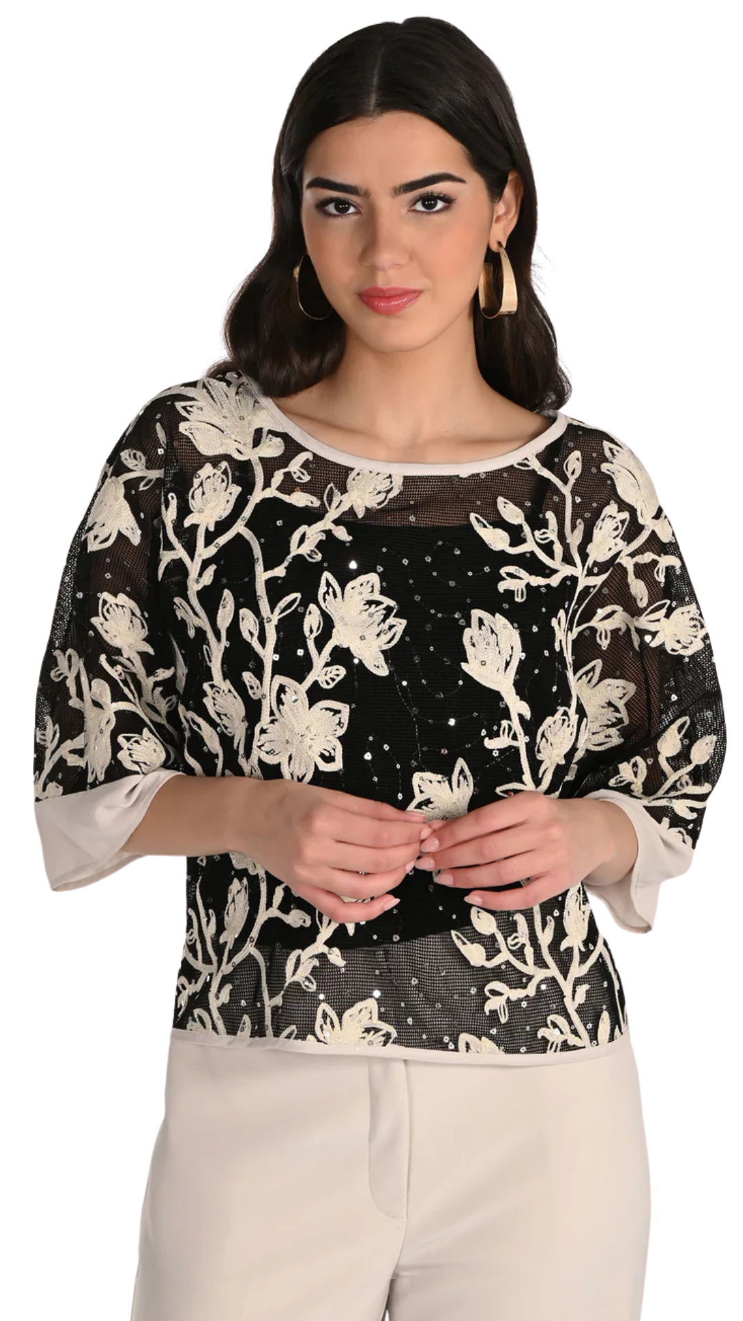 Mesh Embroidered Floral Print Sequin Details Boxy Top. Style FL266206