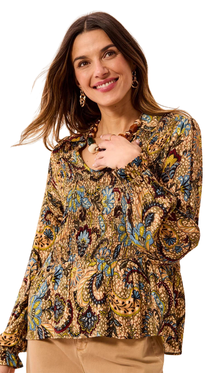 Paisley Smocked Ruffle Neck Flounce Blouse. Style TR3190O-1434