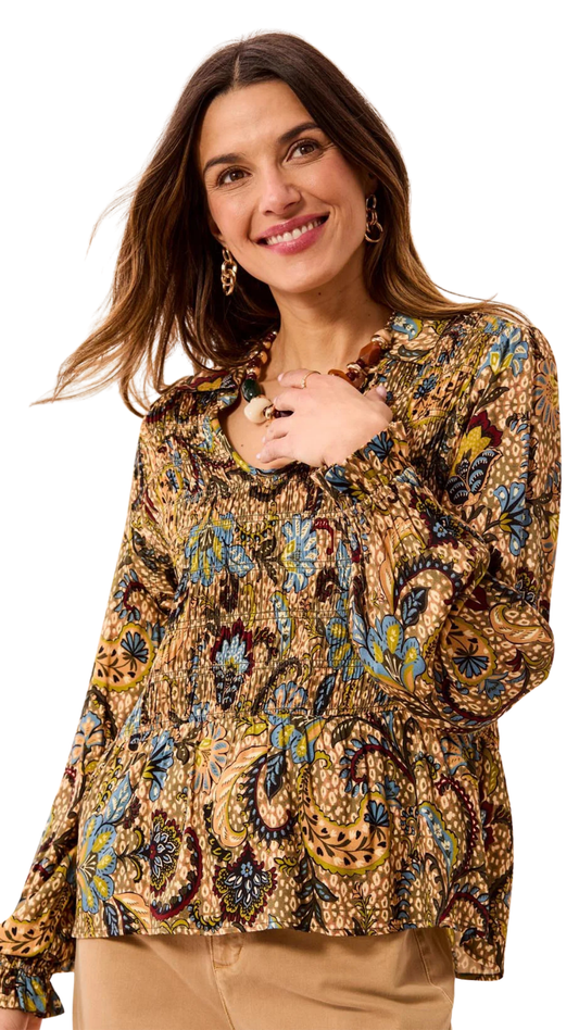 Paisley Smocked Ruffle Neck Flounce Blouse. Style TR3190O-1434