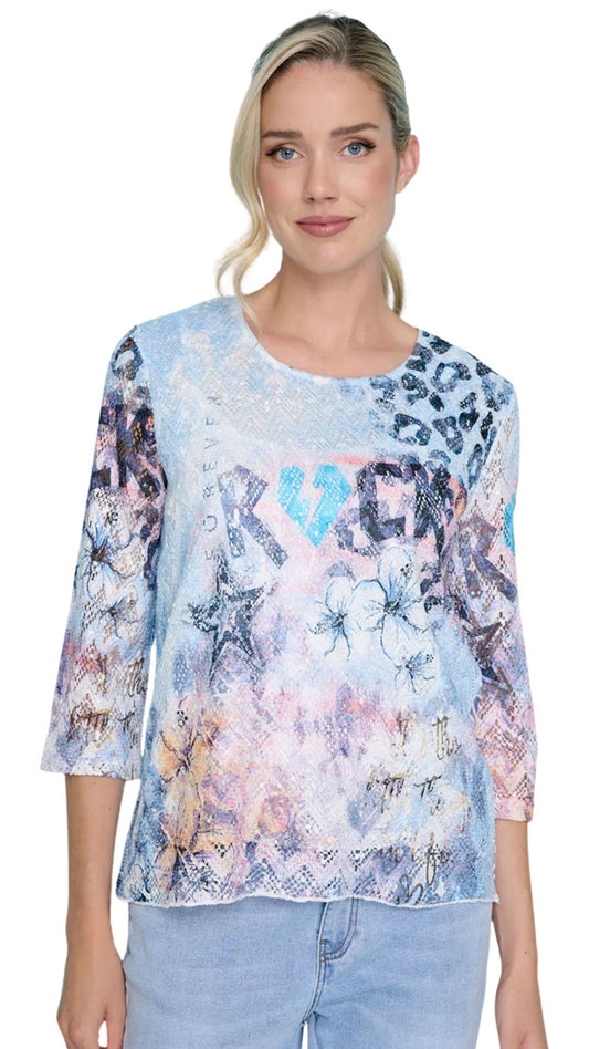 Lace Abstract Print 3/4 Sleeve Top. Style PYFC288PG