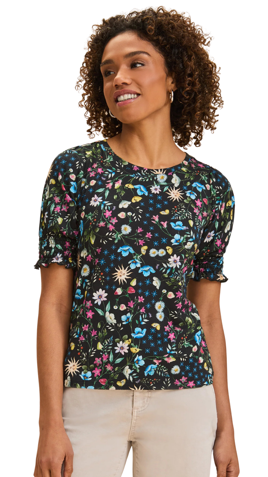 Floral Print Short Puff Shirred Cuff Sleeve Top. Style FD3325476