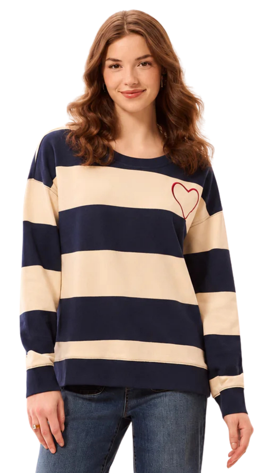 Embroidered Heart Drop Shoulder Cotton Pullover. Style TR3275O-8509