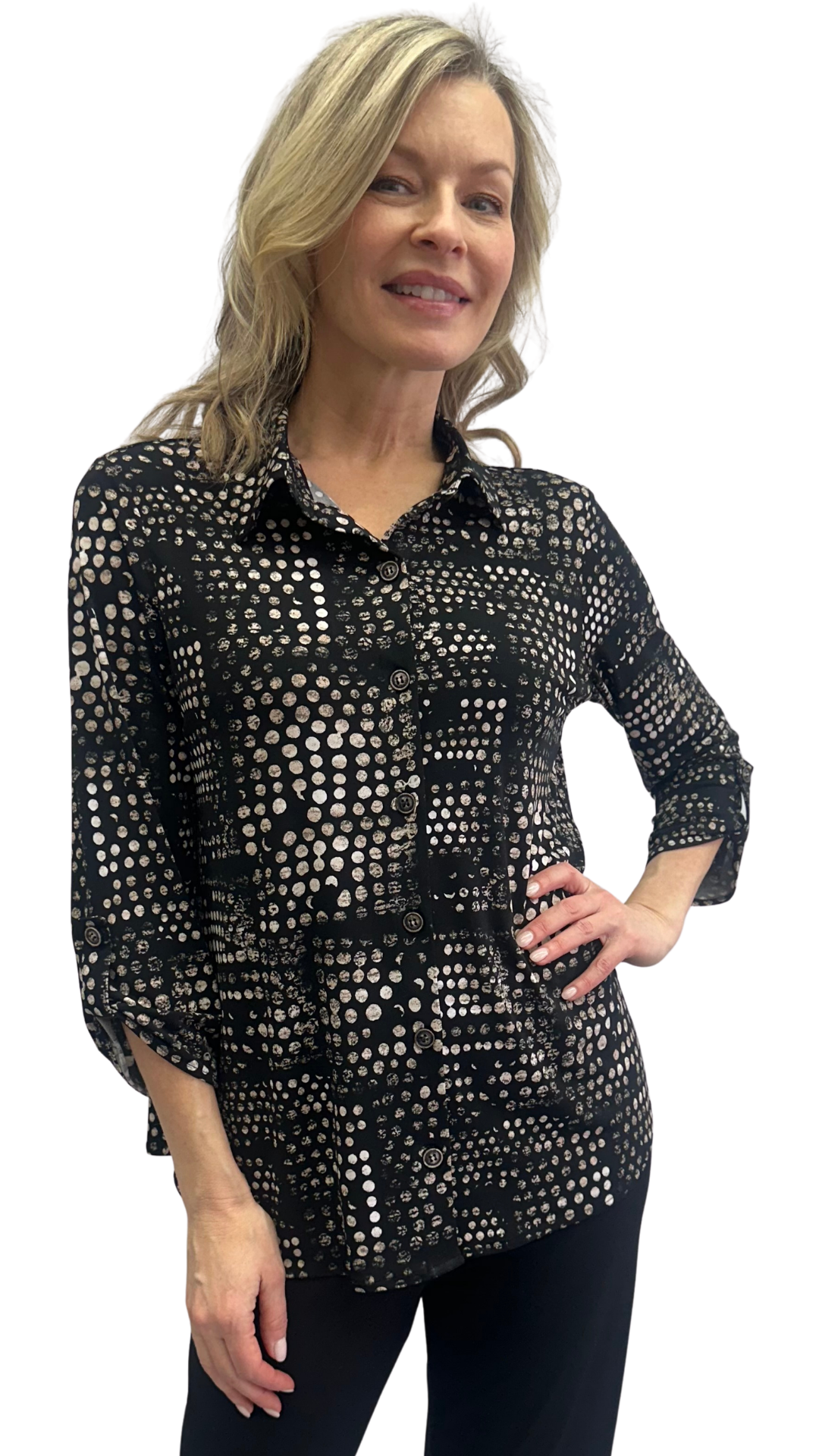 Button Front Classic Collar Dot Print Blouse. Style SW102363