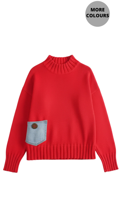 Mock Neckline Long Sleeve Denim Pocket Knit Sweater. Style SHNP5904