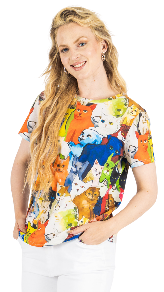Short Sleeve Round Neck Cat Print Top. Style FS261855