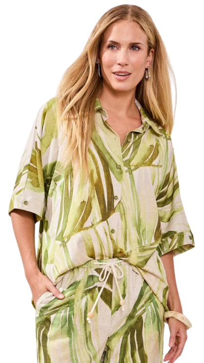 Tropical Print Linen Dolman Elbow Sleeve Blouse. Style TR3069O-8393