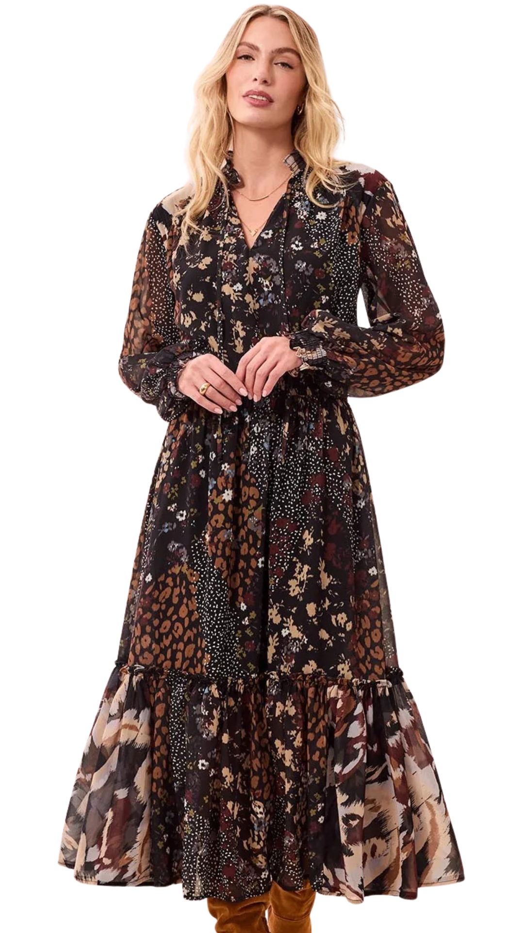Mixed Print Flowy Ruffle Maxi Dress. Style TR6365O-5848