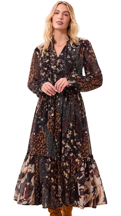 Mixed Print Flowy Ruffle Maxi Dress. Style TR6365O-5848
