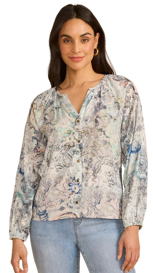 Elastic Cuffs Button Front Printed Top. Style FD7524397