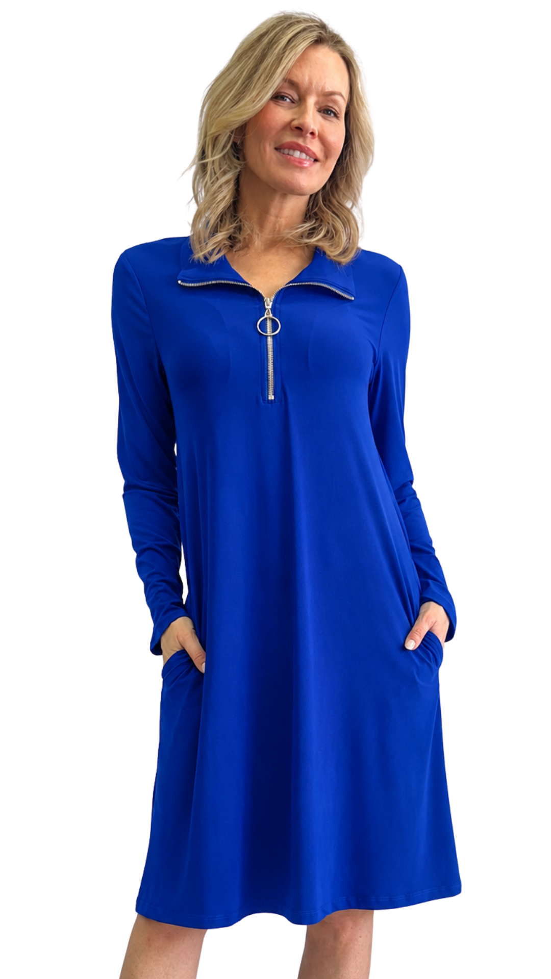 Zipper Fold-Over Mock Neck Long Sleeve Midi Dress. Style SW107235
