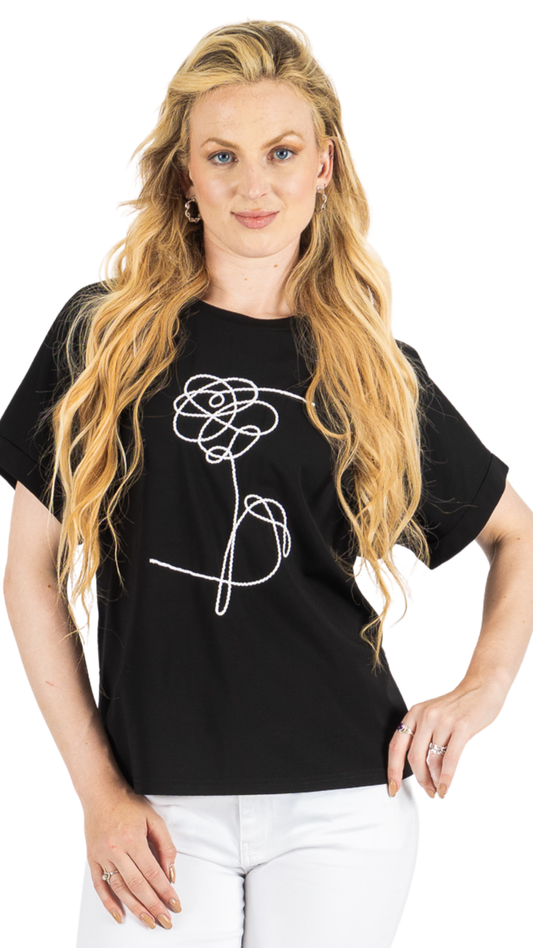 Simple Black & Abstract Embroidered Flower Detail Top. Style FS261859