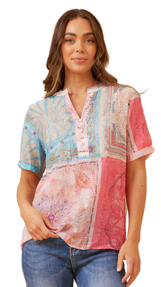Notched Y-Neck Abstract Print Rhinestone Embellished Top. Style FS261970