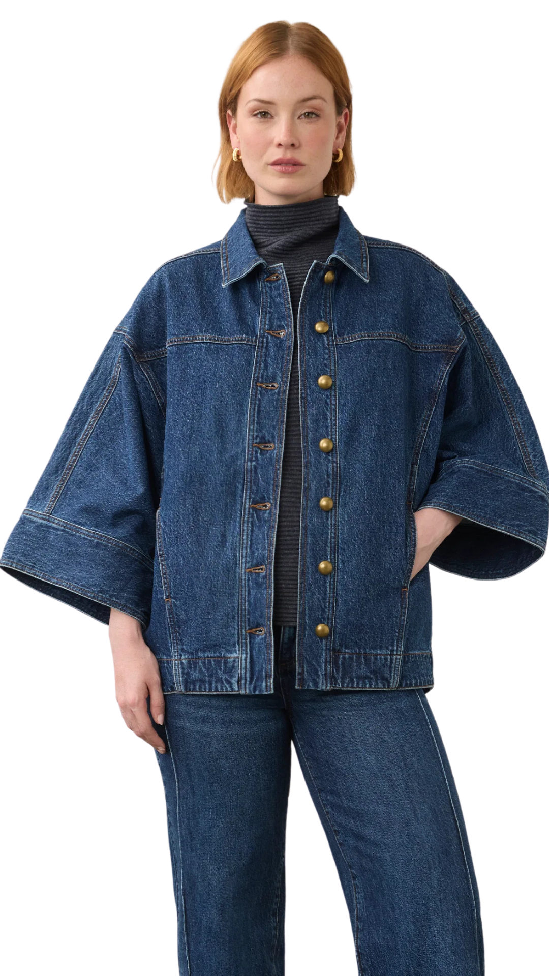 Kimono Sleeve Button Front Denim Jacket. Style FD11010225