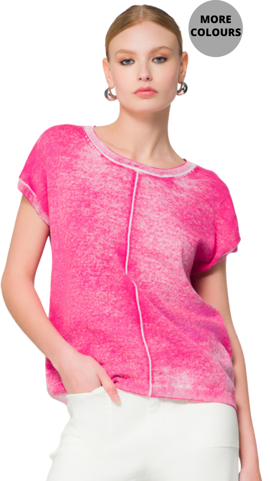 Bleach Dye Design Center Seam Sweater Fabric Top. Style EW36012