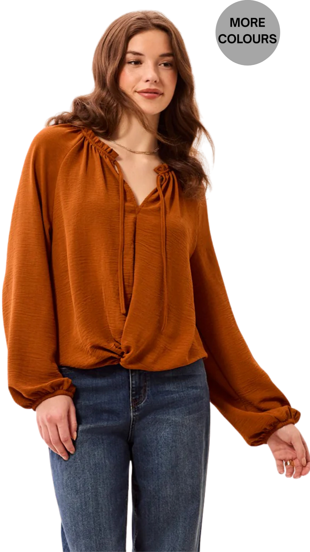 Flowy Long Puff Sleeves Notch Neck Tie Front Blouse. Style TR6250O-4835