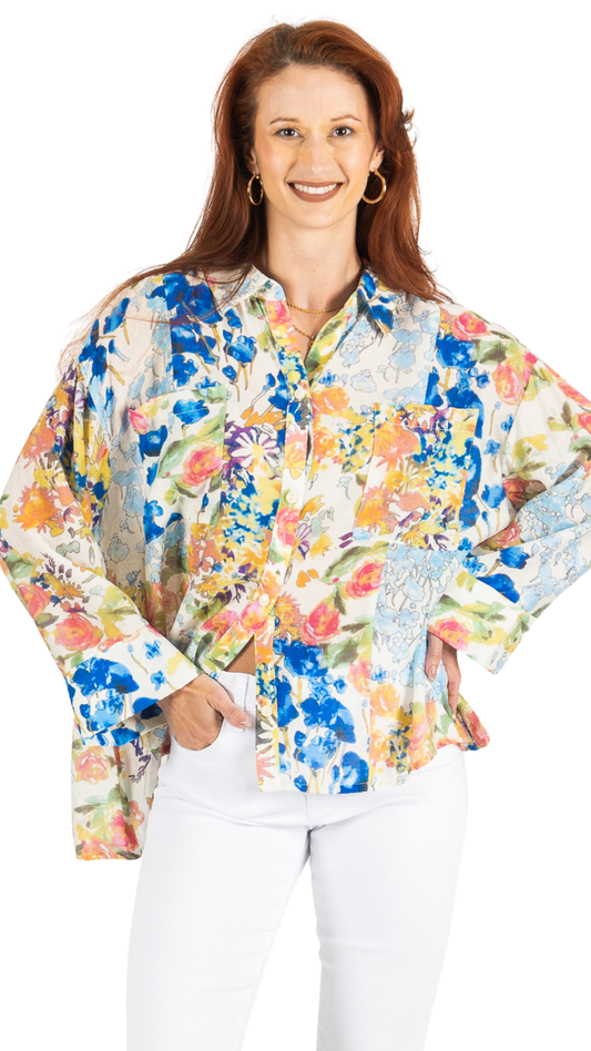 Abstract Floral Button Front Long Sleeve Blouse. Style FS261A83