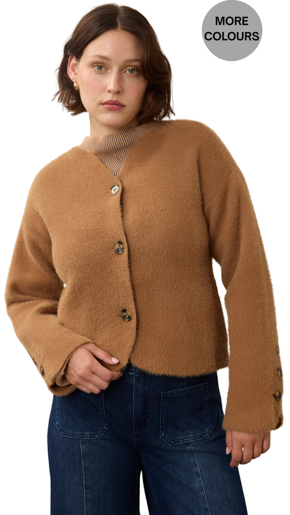 Collarless Fuzzy Knit Button Front Jacket. Style FD10047431