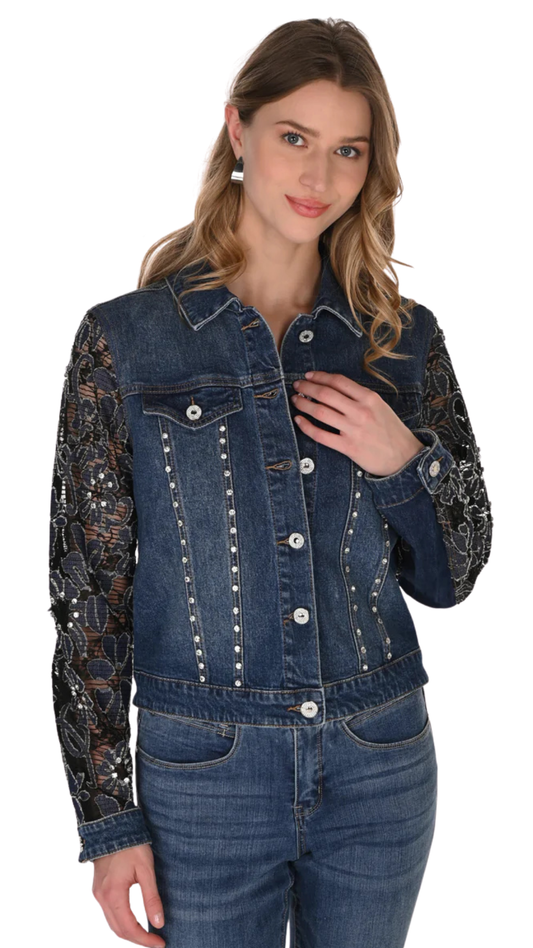 Floral Lace Sleeves & Back Denim Jacket. Style FL263706