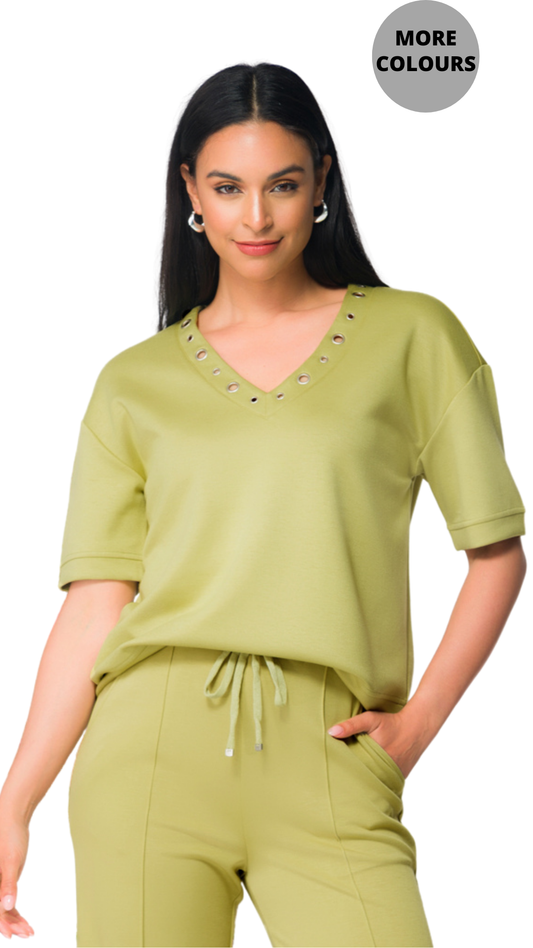 Grommet Detailing Short Sleeve Stretch Sweater. Style EW36042