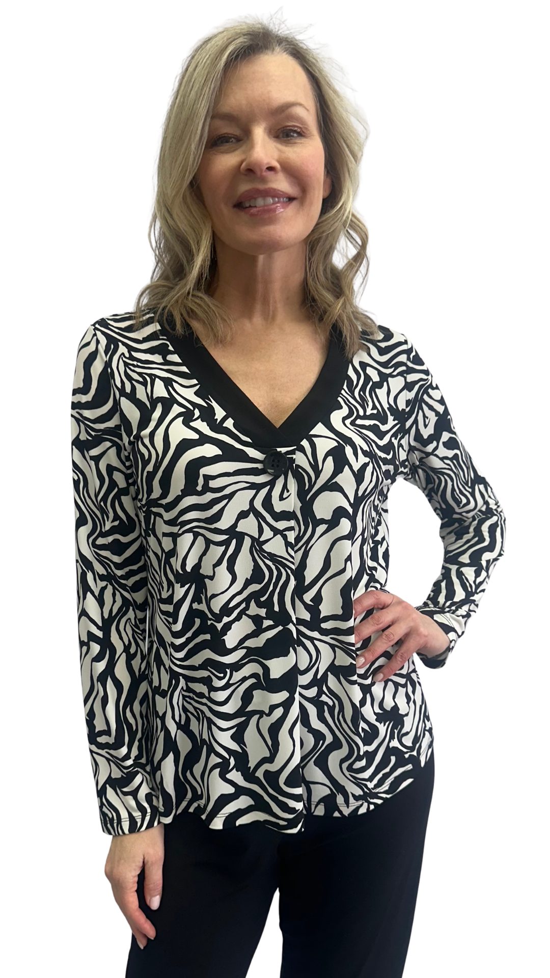 Cross-Over Trim V-Neck Abstract Print Top. Style SW102381