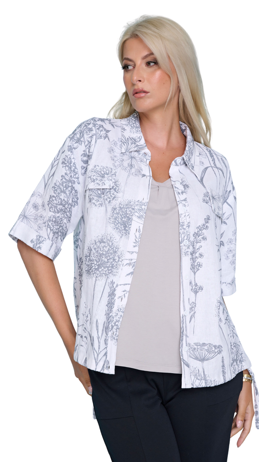 Collared Button Front Plant Print Linen Top. Style PYZM282YX