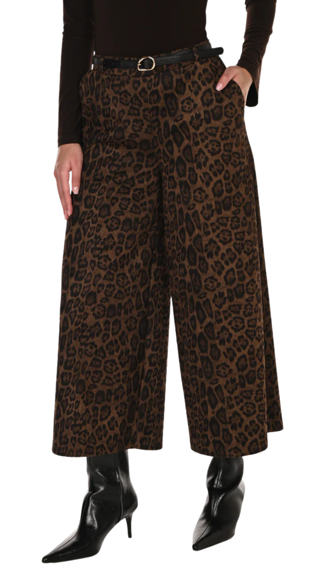 Belted Cheetah Print Wide Leg Pull-On Faux Suede Pant. Style FL263188