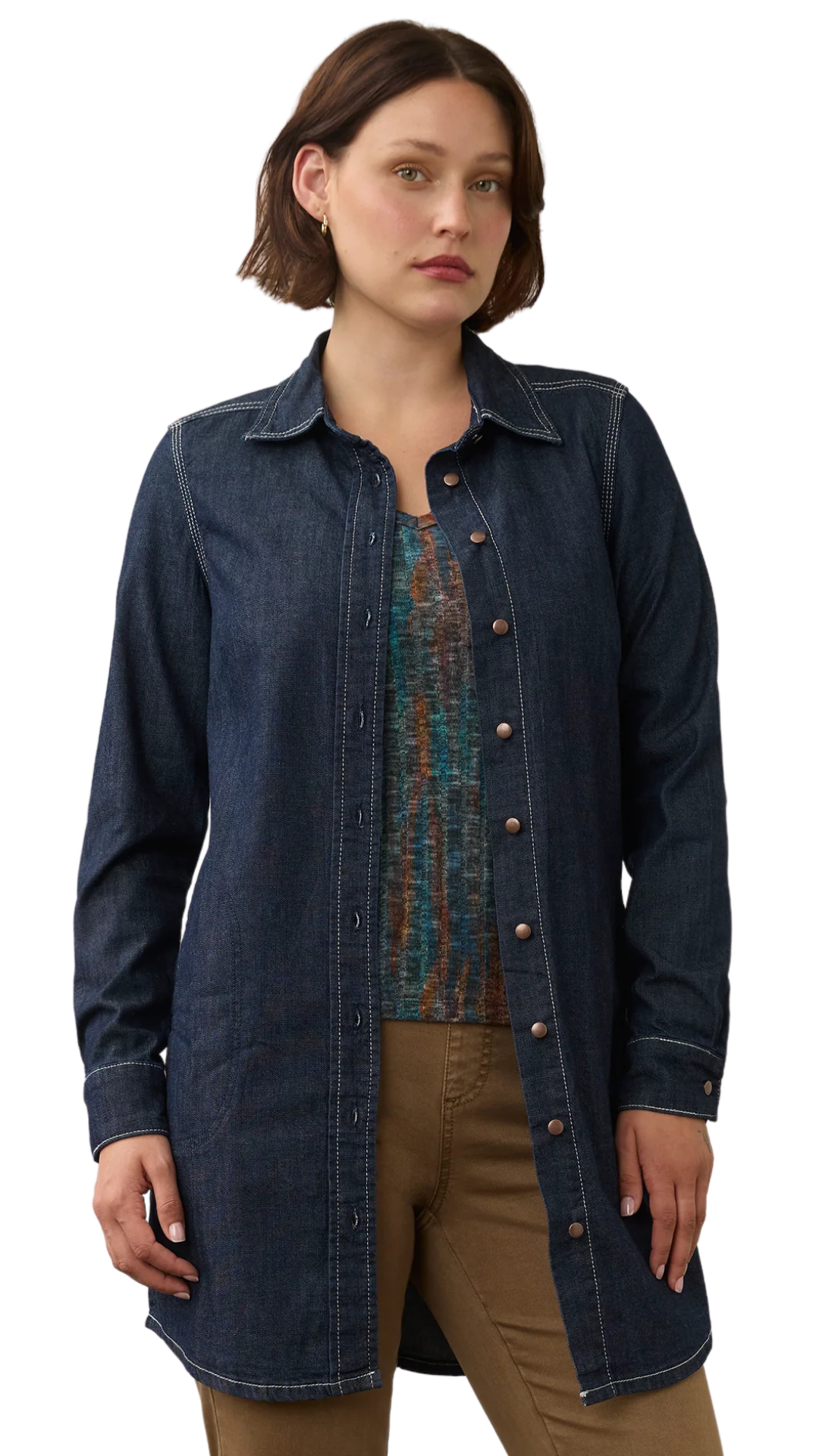 Long Sleeve Button Front Denim Tunic. Style FD7325992