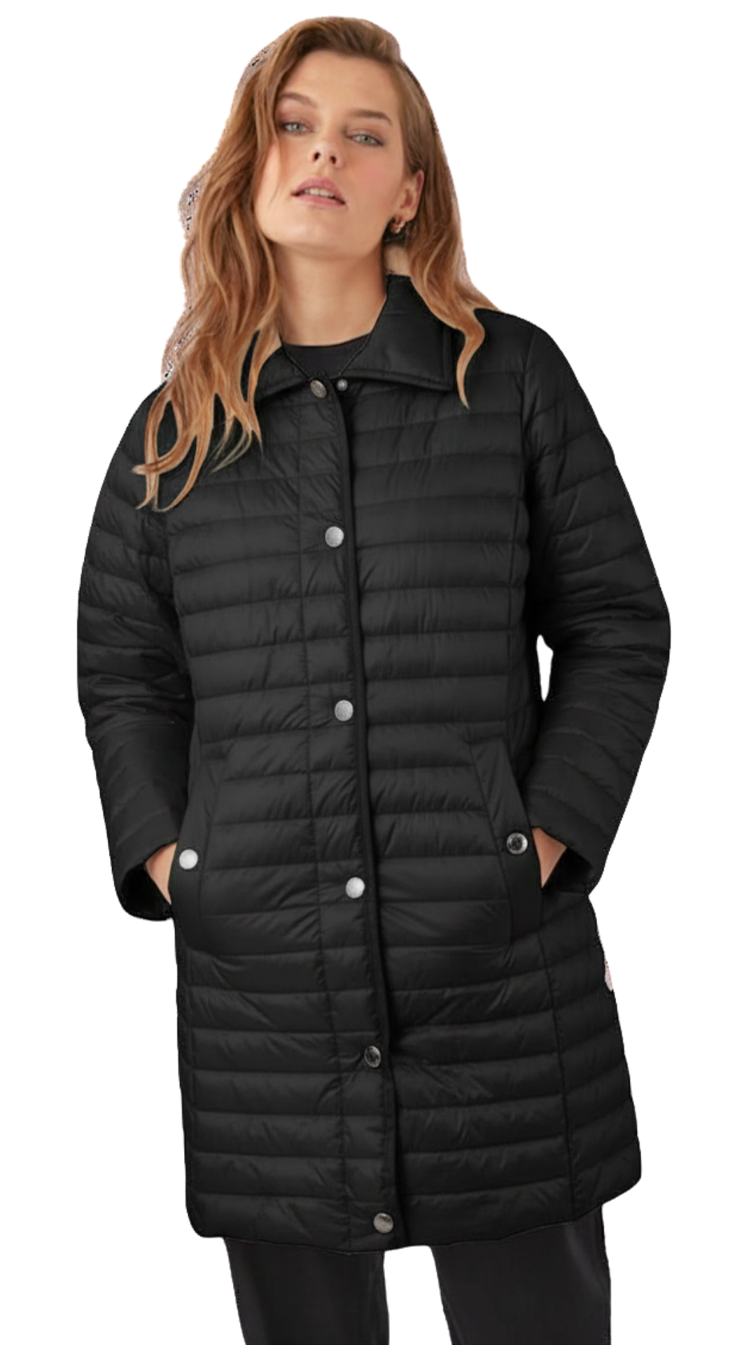 Long Length Quilted Button Front Jacket. Style FR427