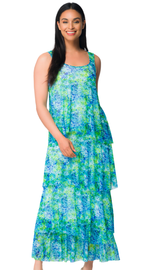 Green & Blue Abstract Print Sleeveless Tiered Maxi Dress. Style EW36076