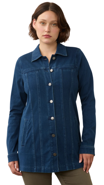 Long Button Front Structured Seams Denim Jacket. Style FD1825131