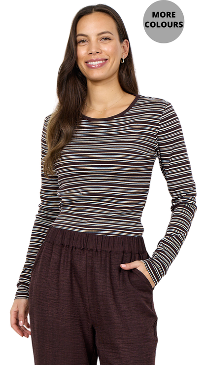 Long Sleeve Round Neck Striped Ribbed Top. Style SOYA27808