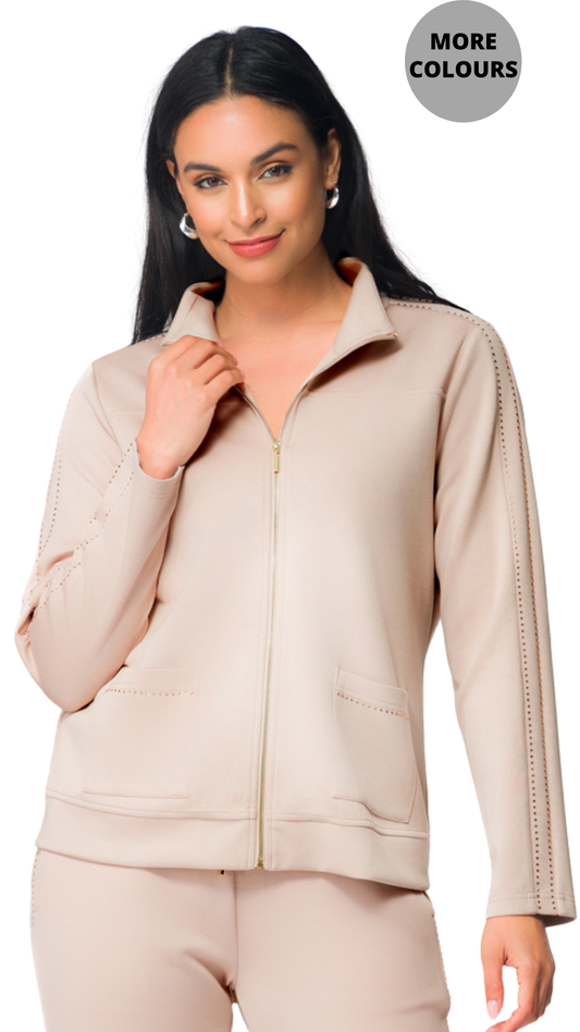 Rhinestone Details Zip Front Sweater. Style EW36105