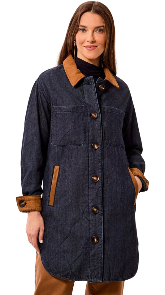 Quilted Denim Suede Trim Button-Front Jacket. Style TR6237O-5584