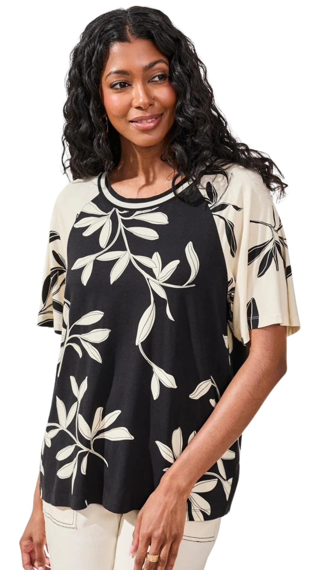 Short Flutter Sleeve Botanical Print Stretch Top. Style TR2480O-3457