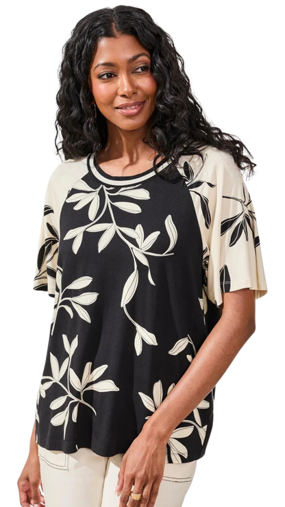 Short Flutter Sleeve Botanical Print Stretch Top. Style TR2480O-3457