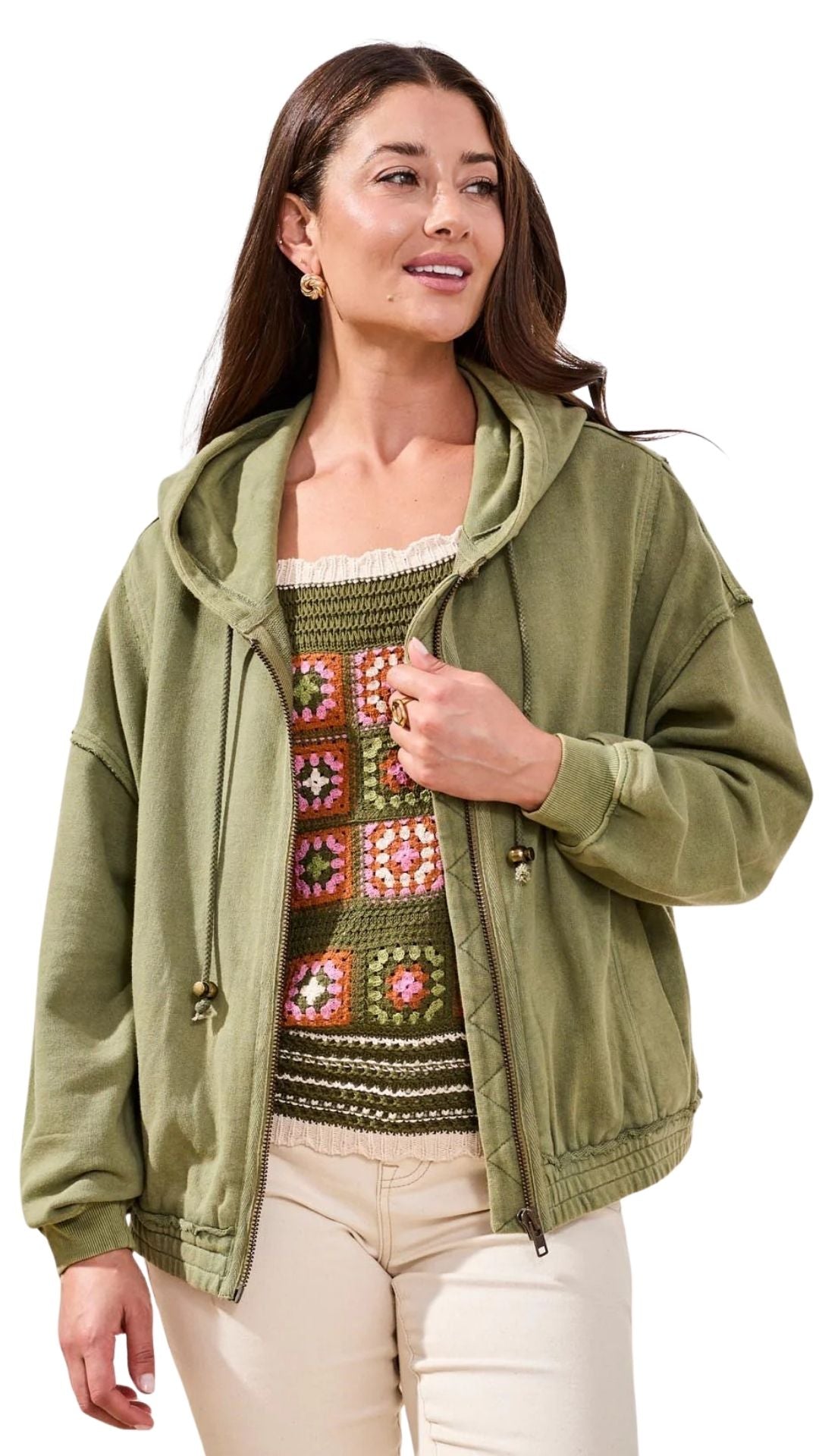 Zip Up Puff Sleeve Cropped Hoodie. Style TR6176O-5519