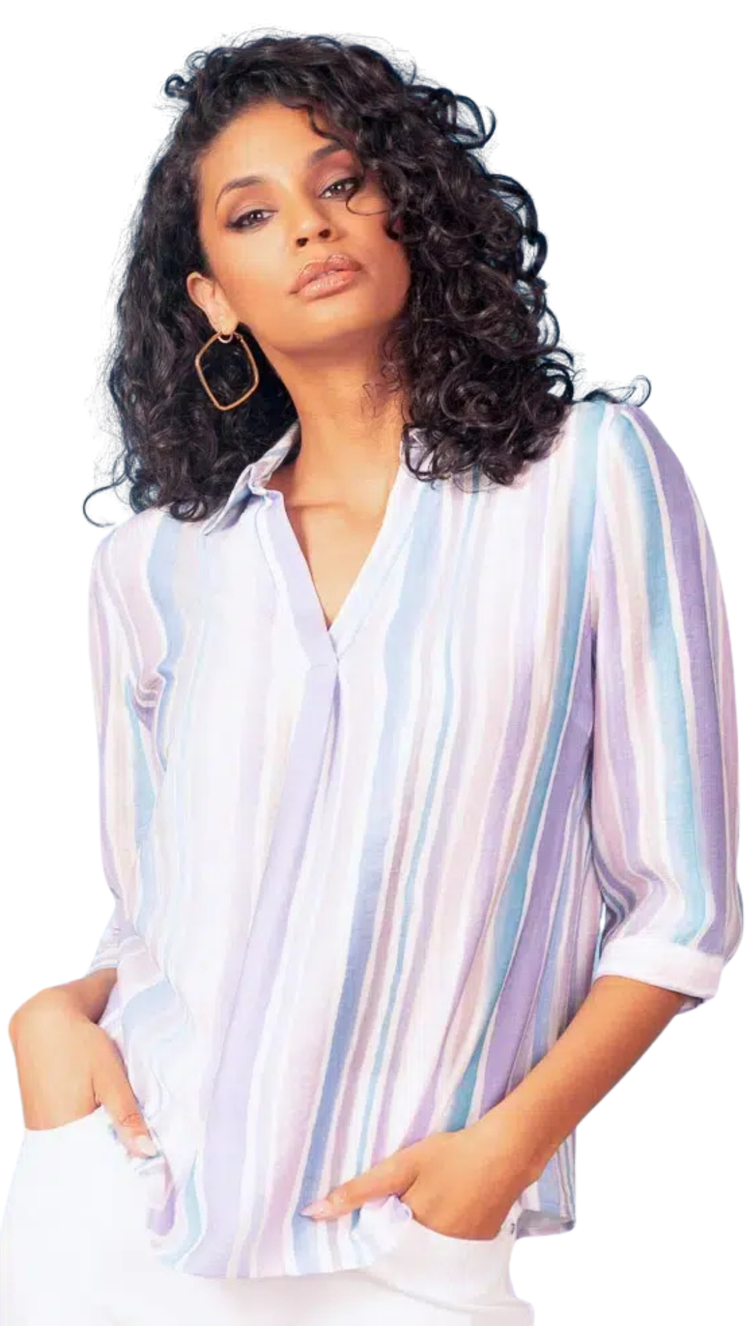 Lightweight V-Neck Vertical Stripes Blouse. Style ALS47352