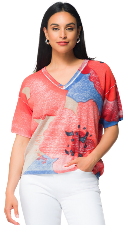 V-Neckline Abstract Large Flower Print Short Sleeve Top. Style EW36115