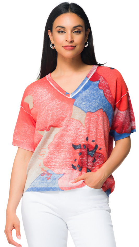 V-Neckline Abstract Large Flower Print Short Sleeve Top. Style EW36115
