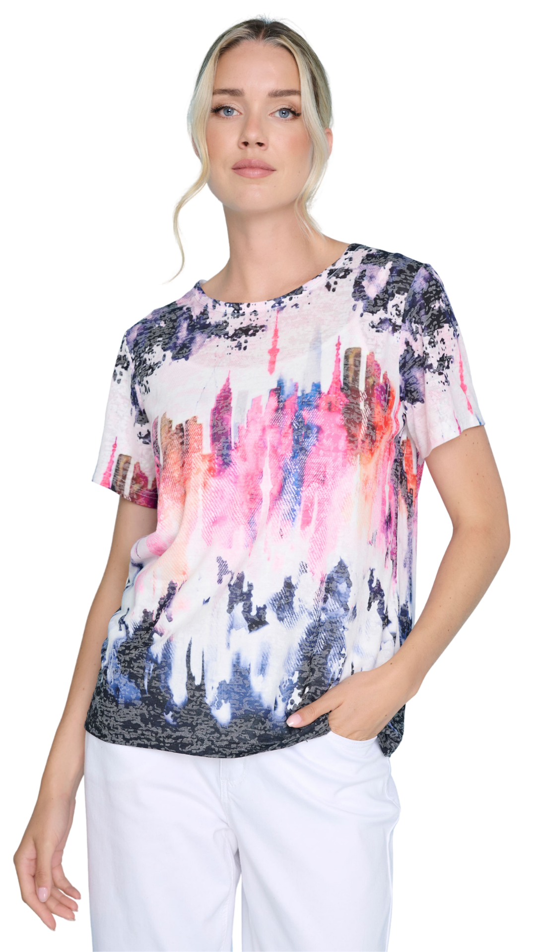 Abstract City Landscape & Rhinestones Short Sleeve Top. Style PYZU114XV