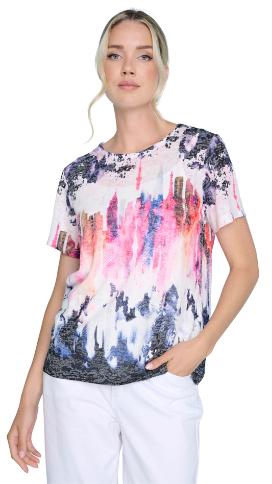 Abstract City Landscape & Rhinestones Short Sleeve Top. Style PYZU114XV