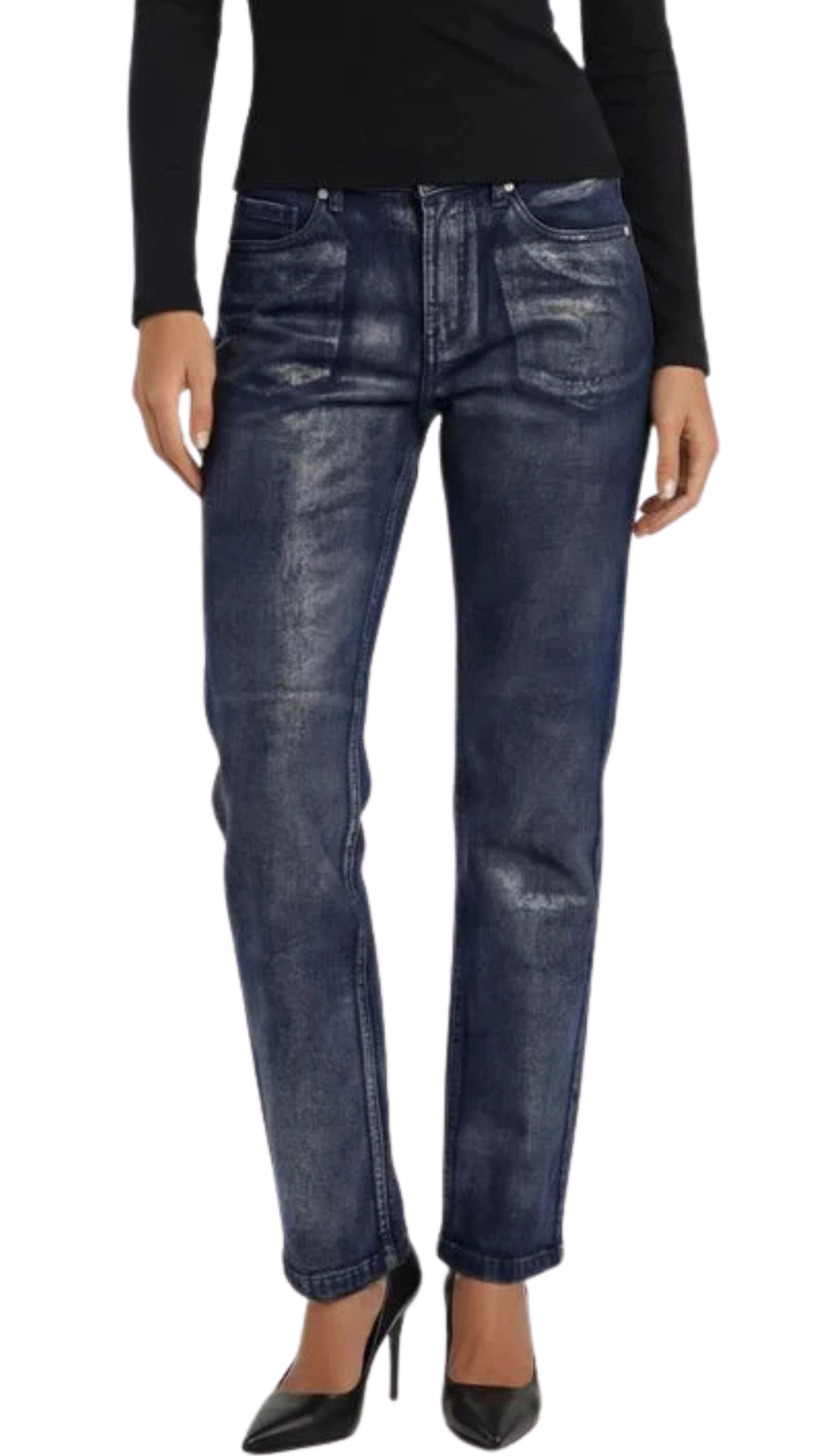 Metallic Oil Stain Straight Leg Fly Front Jean. Style CARPR-154