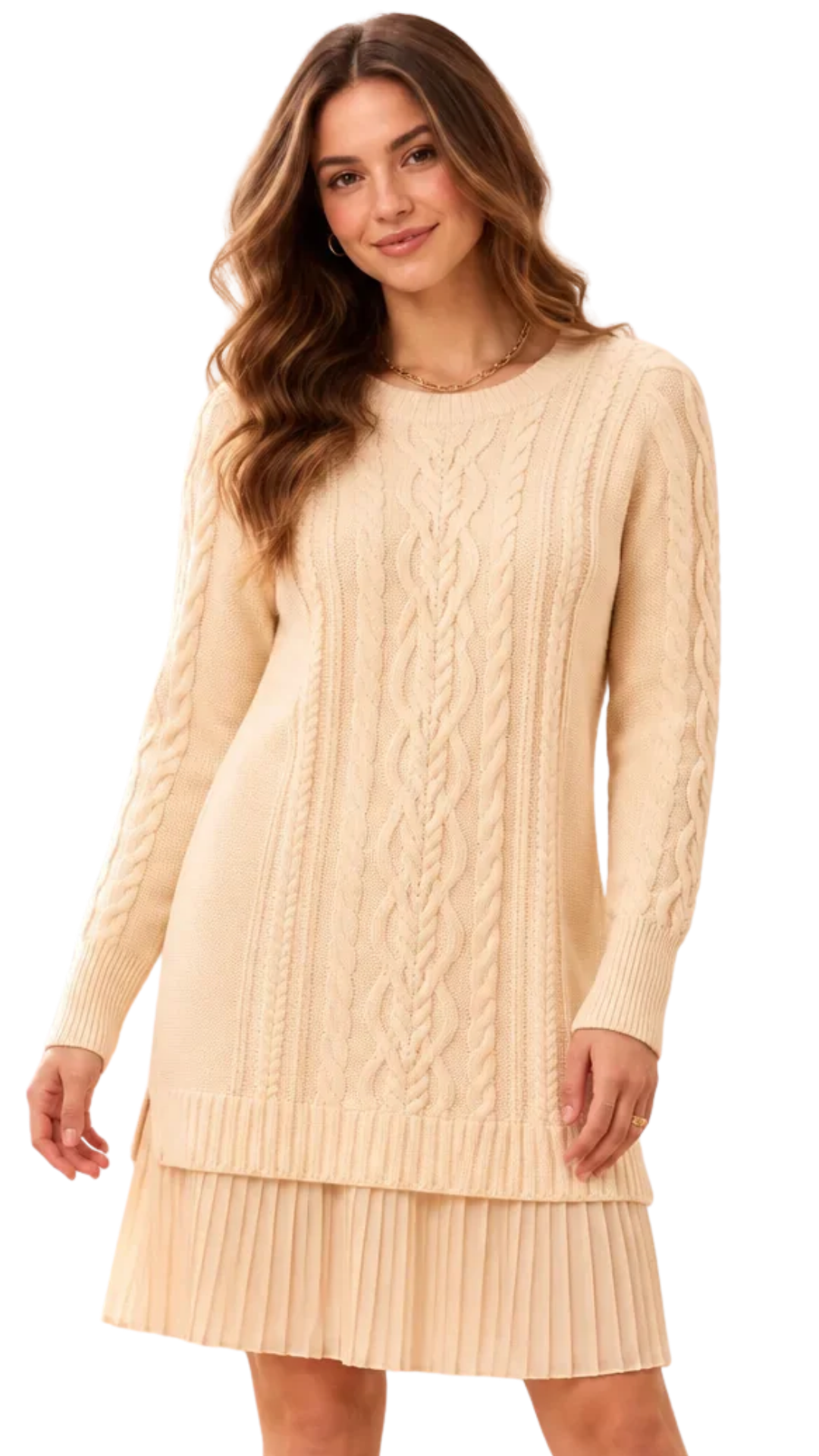 Cable Knit & Pleated Chiffon Sweater Dress. Style TR3228O-576