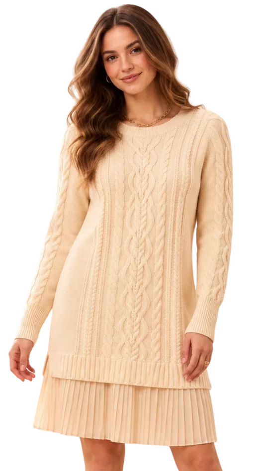 Cable Knit & Pleated Chiffon Sweater Dress. Style TR3228O-576