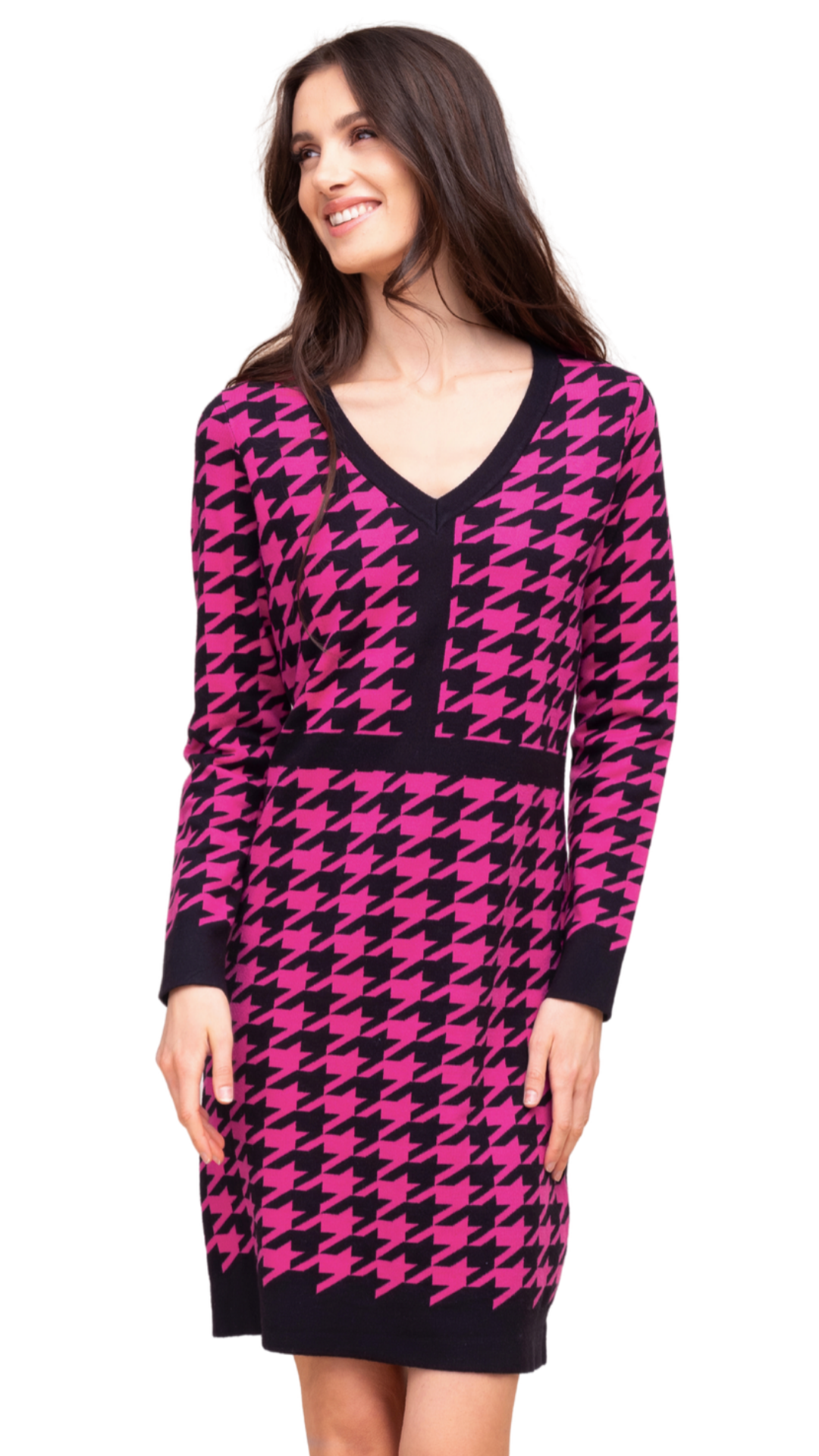 V-Neck Herringbone Black Trim Details Dress. Style ALSA48240