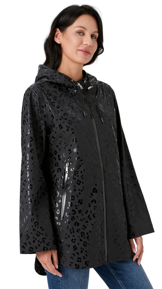 Black Tonal Cheetah Print Zip Front Rain Jacket. Style NIKJS6013-505P