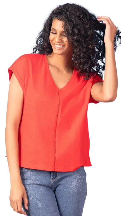 V-Neck Short Sleeve Lace Stripe Details Top. Style ALS47105